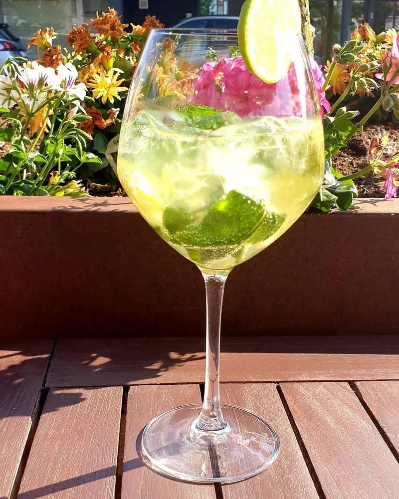 Een groot spritzglas met limoen, munt en roze bloemen op een terrastafel in de zon.